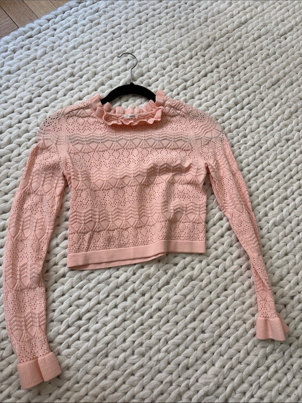 Delicate Pink Eyelet Ruffle Neck Long-Sleeve Top